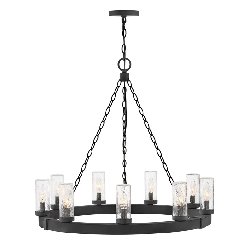 Hinkley Sawyer 30" Nine-Light Outdoor Candle Chandelier w/ Clear Seedy Glass Shades