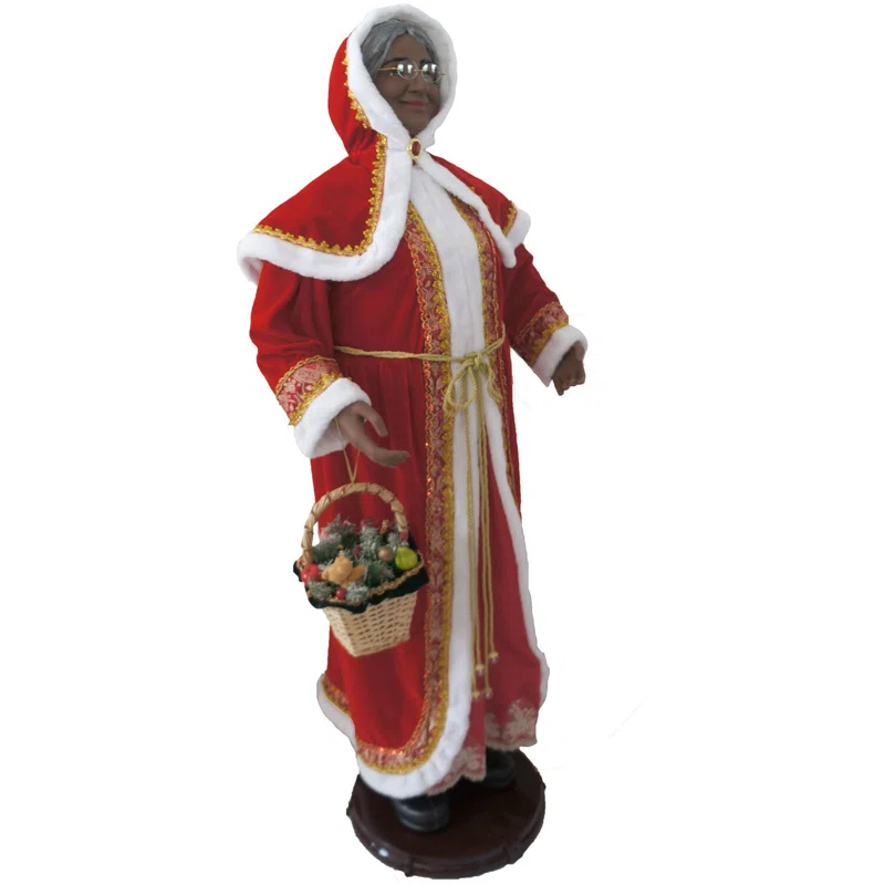 African American Dancing Mrs. Claus with Hooded Cloak and Basket Figurine