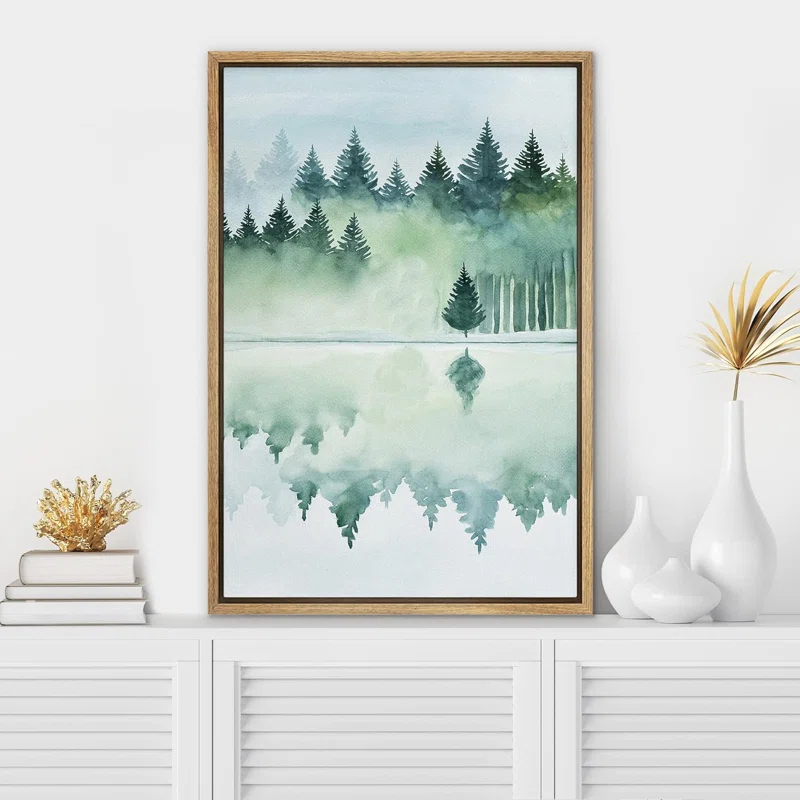 IDEA4WALL Woodland Forest Landscape " IDEA4WALL Framed Canvas Print Wall Art Woodland Nursery Decor Pastel Green Pine Tree Forest Landscape Nature Wilderness Fine Art Decorative Rustic For Living Room, Bedroom, Office "