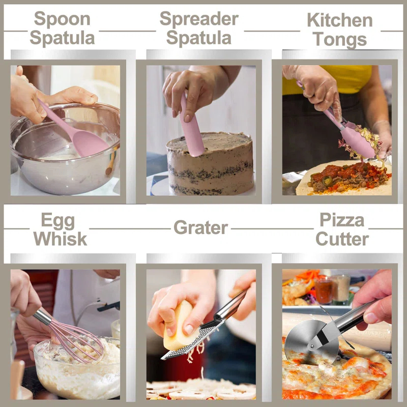 shuoli Silicone Cooking Kitchen Utensil Set, 43 Pcs Pink Cooking Utensils Set, Turner, Tongs, Spoon, Spatula, Kitchen Gadgets Tools Set For Nonstick Cookware, Heat Resistant (Dishwasher, BPA Free)