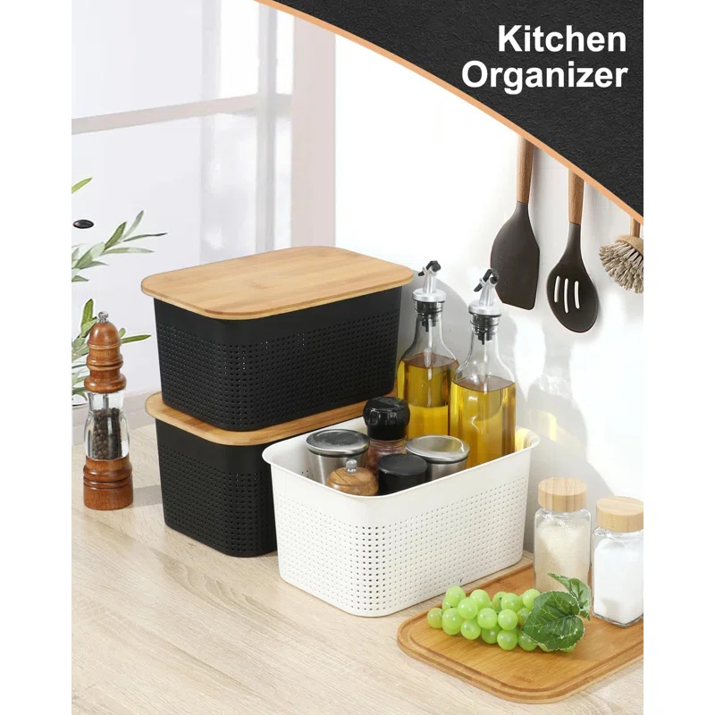 Gracie Oaks Plastic Storage Bins With Bamboo Lids