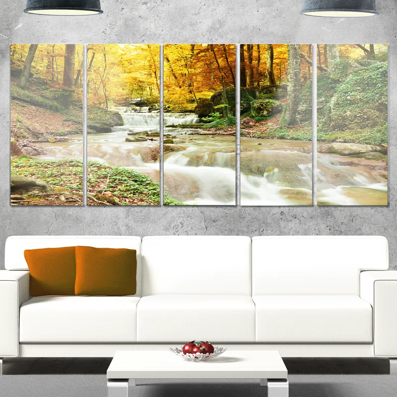 Design Art " Forest Waterfall With Yellow Trees " 5 - Pieces