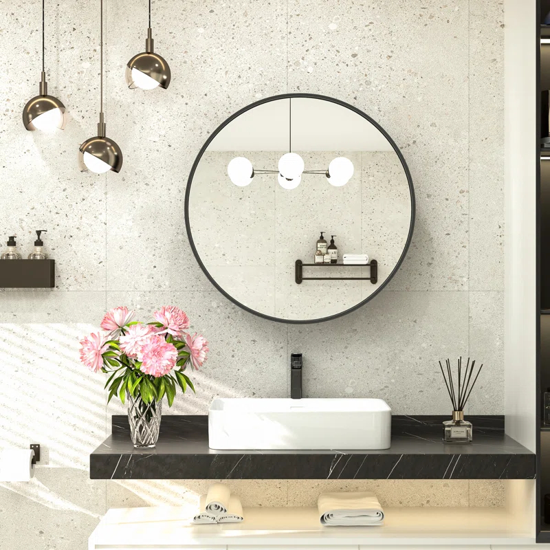 keonjinn WF-JSKJG-YX-R50-bk Gervon Round Wall Mounted Medicine Cabinet with Shelves