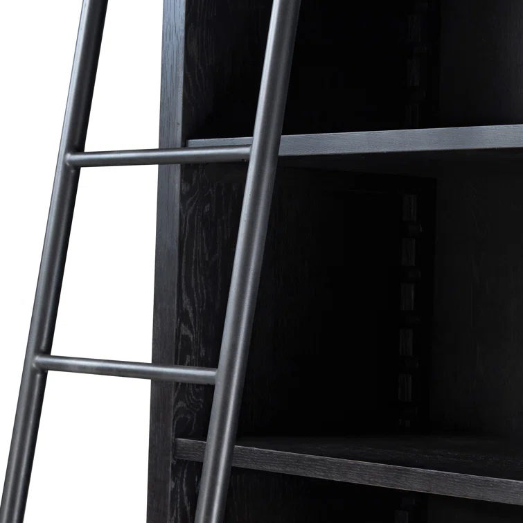 Worn Black Oak Double Bookcase with Iron Ladder