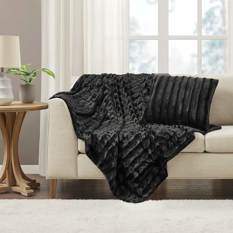 Madison Park Duke Black Long Fur Throw 50x60"