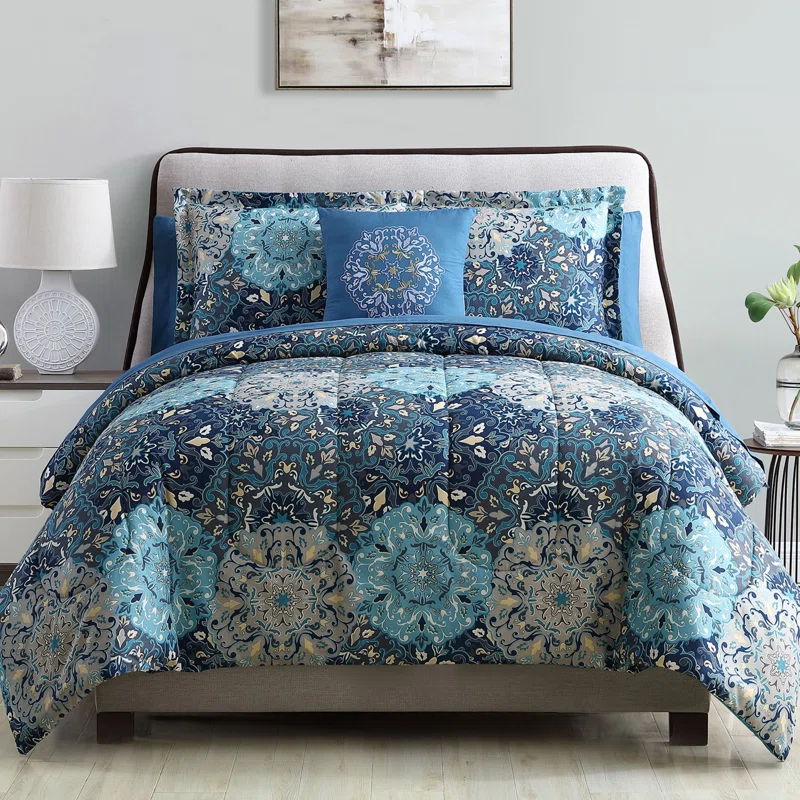 Modern Threads - Granada Collection Comforter Set - Reversible Microfiber - Elegant Printed 8-Piece Bed Set - Includes Comforter, Sheets, Shams, & Pillow - Luxurious Bedding