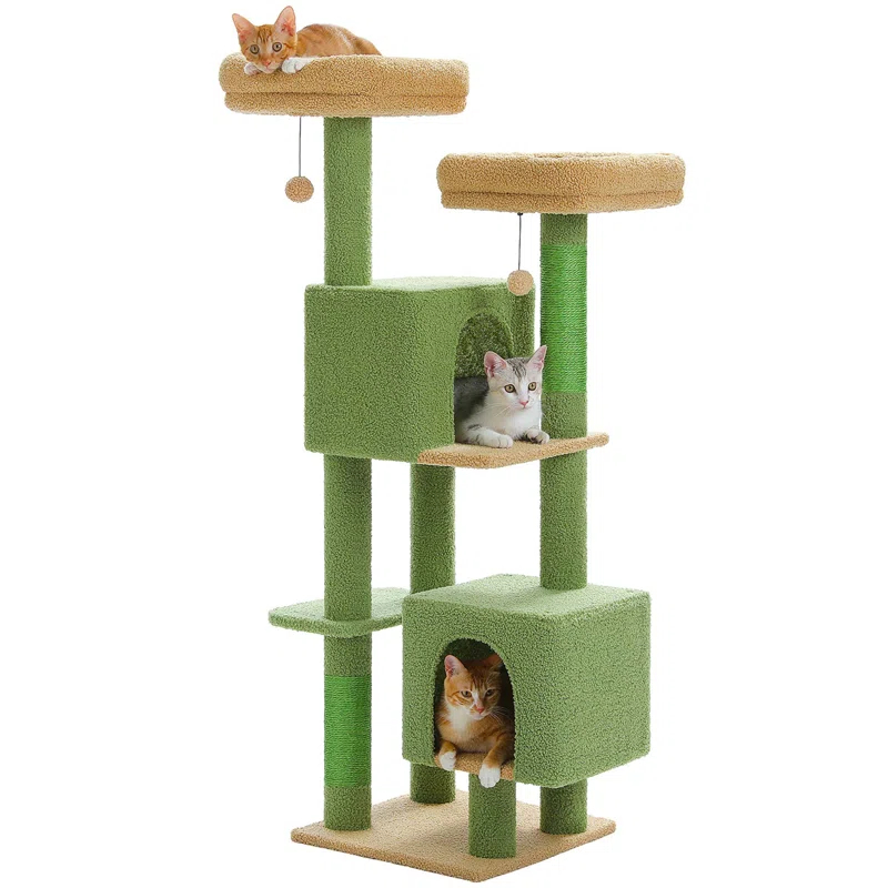 52.4" Cute Cat Tree Tower With 2 Flower Padded Perches, 2 Condos & 2 Scratching Posts