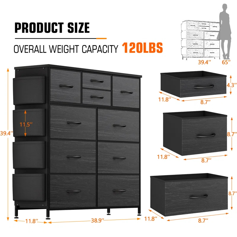 Sienna-Marie 10 - Drawer Dresser, Chest of Drawers for Bedroom with 4 Side Pockets and 2 Hooks