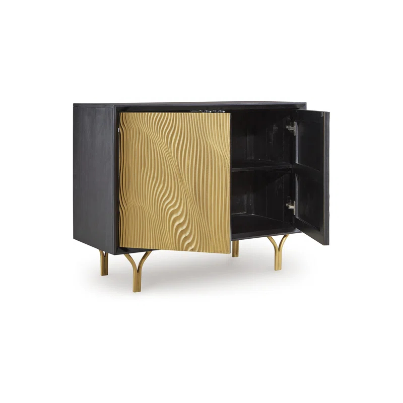 Benjara Yien Sideboard Console, 2 Carved Doors, Gold Legs, Black Wood 40 Inch