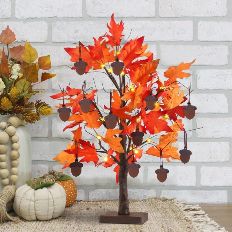 Fall Decorations For Home, 24”/2FT Lighted Fall Maple Leaves Tree With 24LT Warm White Leds For Autumn Decor, 12 Wood Acorns Ornaments Battery Powered Timer For Home Decor, Thanksgiving