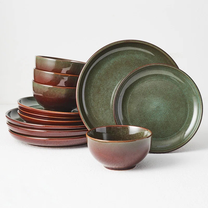 Orren Ellis Stoneware Dinnerware Sets Service For 4, 12 Pcs Reactive Glaze Plates And Bowls Sets, Handmade Ceramic Dish Set, Highly Chip And Crack Resistant Modern Plate Set, Sage Green