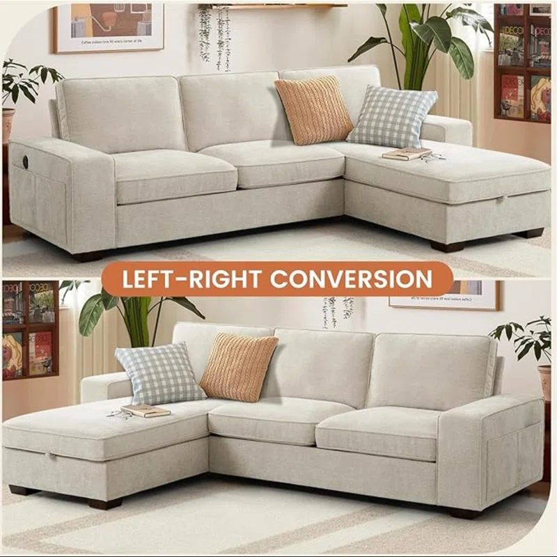 Latitude Run® ASHOMELI 99“ Convertible Sectional Sofa,L Shaped Couch,Multi-Functional Reversible Sofa With USB And Type-C Charging Ports, Storage Space, Breathable Fabric (Beige)