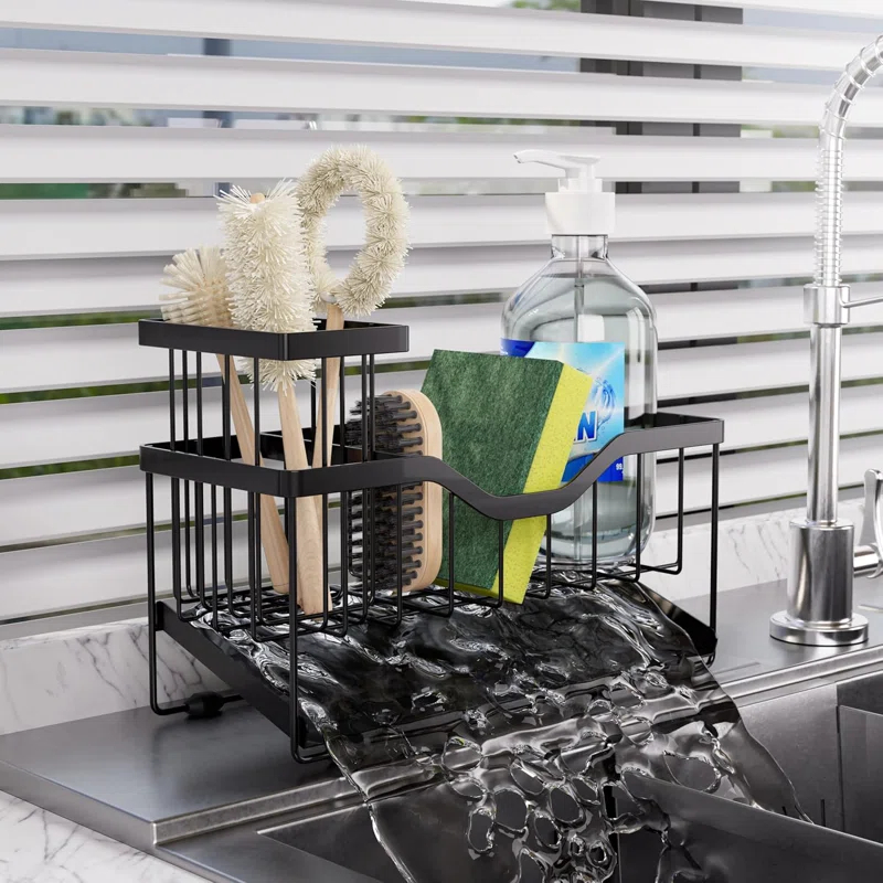 WKING Stainless Steel Kitchen Sink Caddy Organizer With Draining Tray, Rustproof Sponge Holder For Sink, Adjustable Compartments, Space-Saving Design