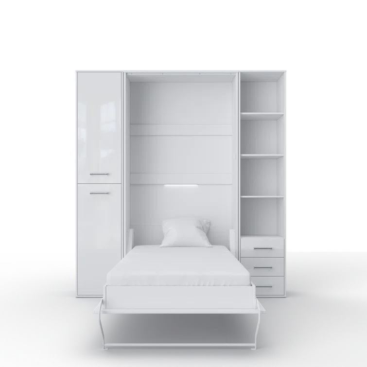 European Twin Size White Wall Bed with 3 Storage Drawers