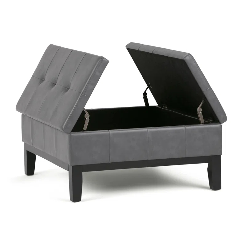 Simpli Home Dover 36"W Upholstered Square Coffee Table Storage Ottoman with Split Tufted Lift Top