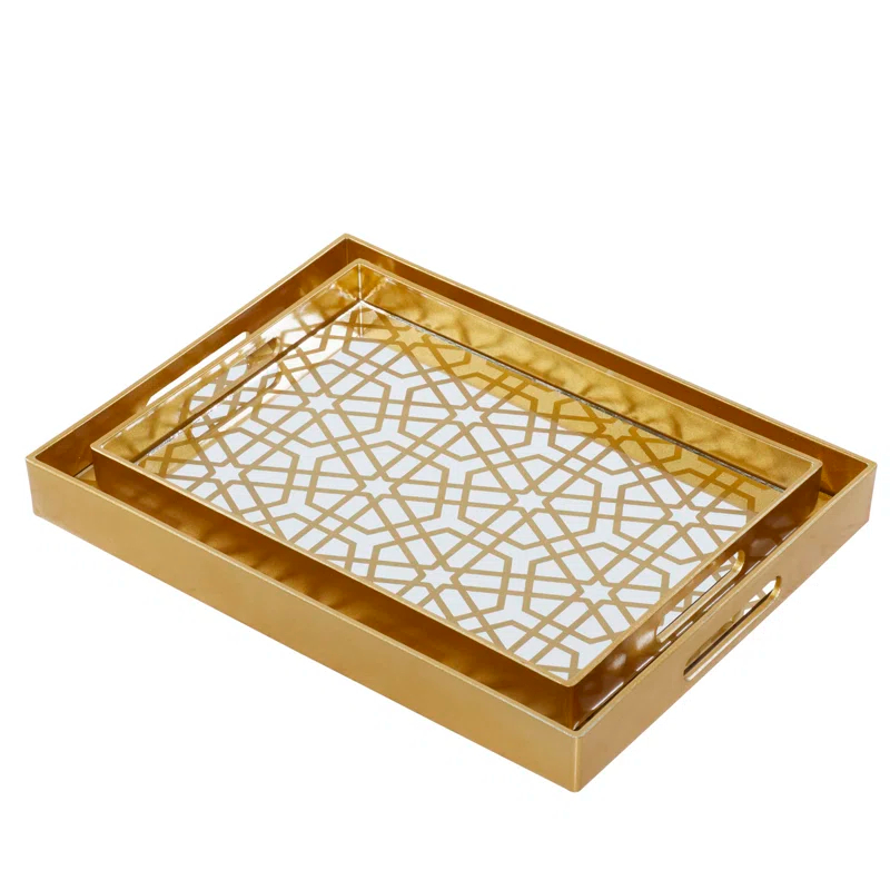 CosmoLiving by Cosmopolitan Plastic Mirrored Geometric Decor Gold Tray Set