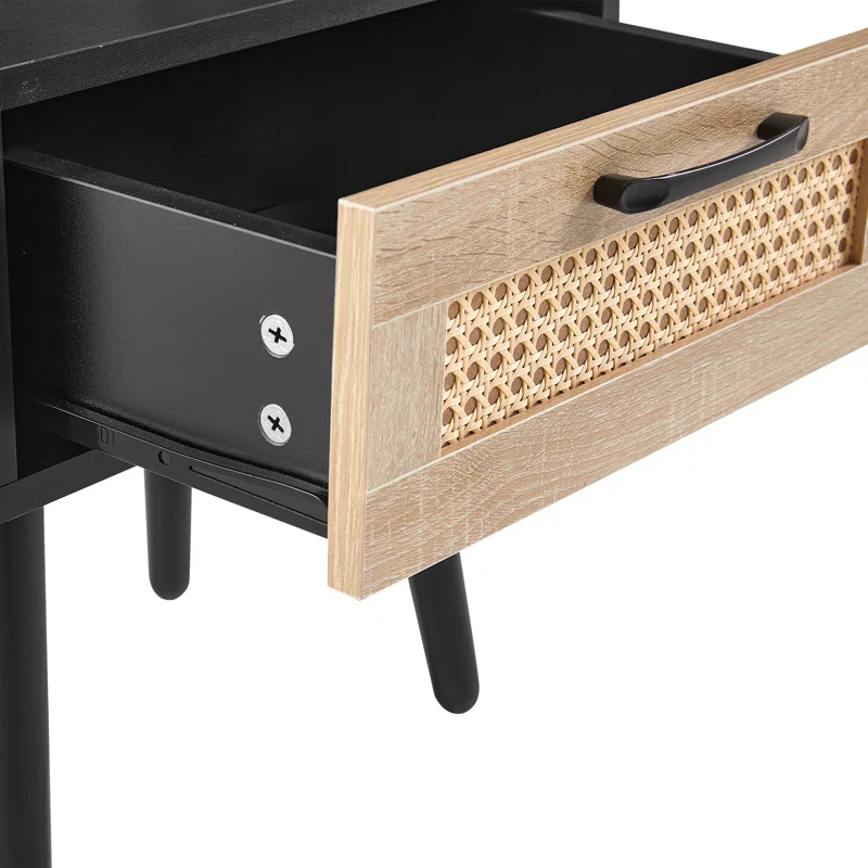 Corrigan Studio® 15.75 Rattan End Table Drawer Solid Wood Legs Modern Nightstand Side Table Living Room Bedroom Black