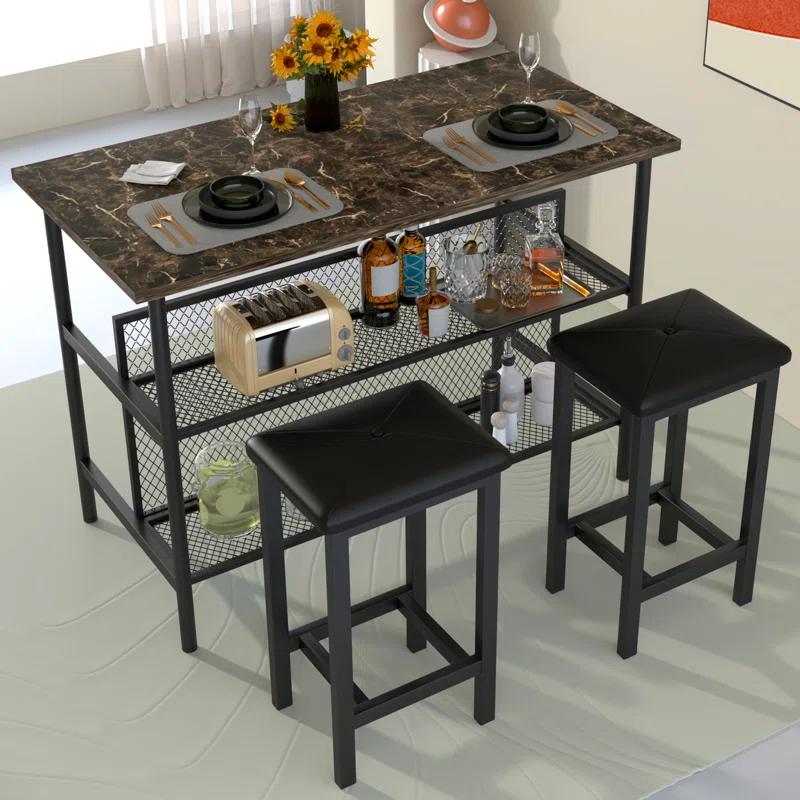 Ebern Designs Helidon 3 - Piece Trestle Dining Set w/2 Stools and 2 Open Shelves,Bar Height Table and Chairs