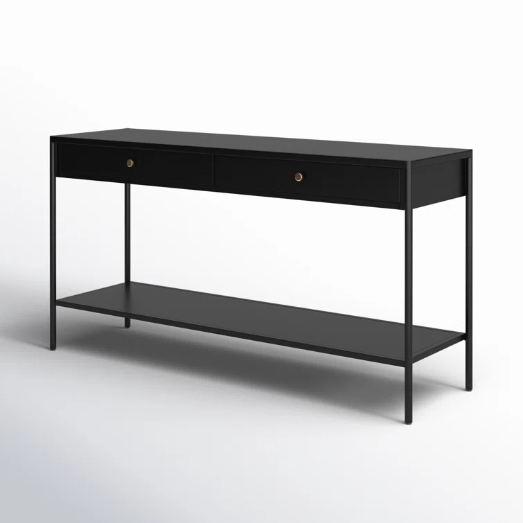 Modern Black Metal Console Table with Storage and Bronze Accents