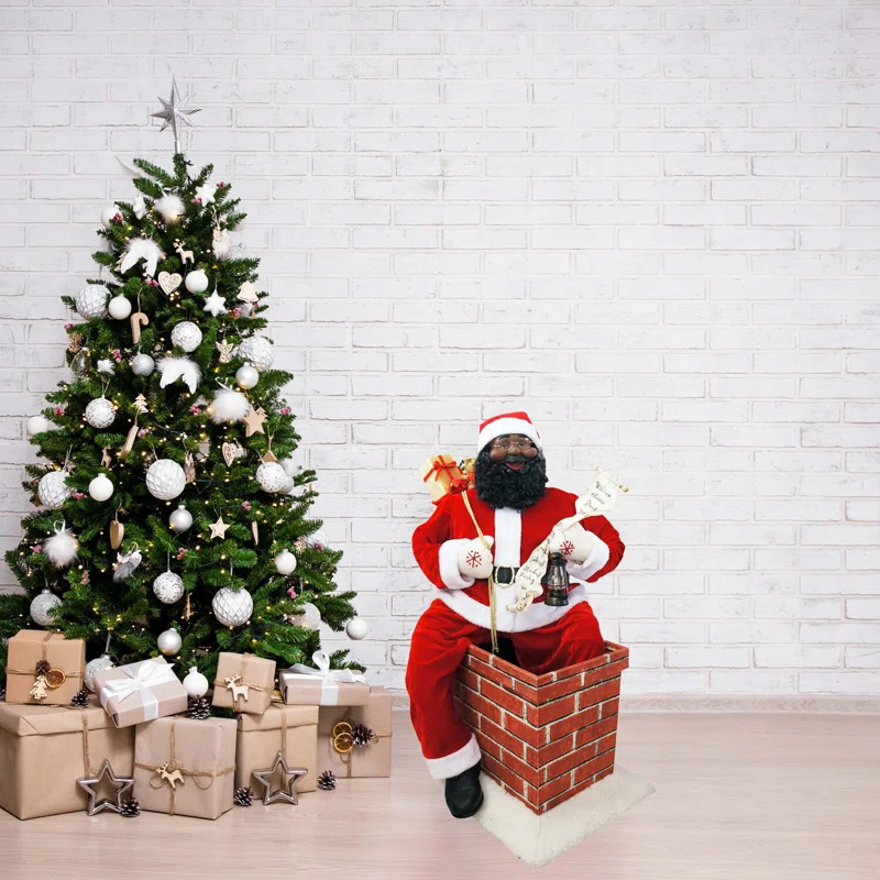Fraser Hill Farm 48" Music and Motion African American Santa Claus in the Chimney, Life-Size Christmas Holiday Indoor Home Decor
