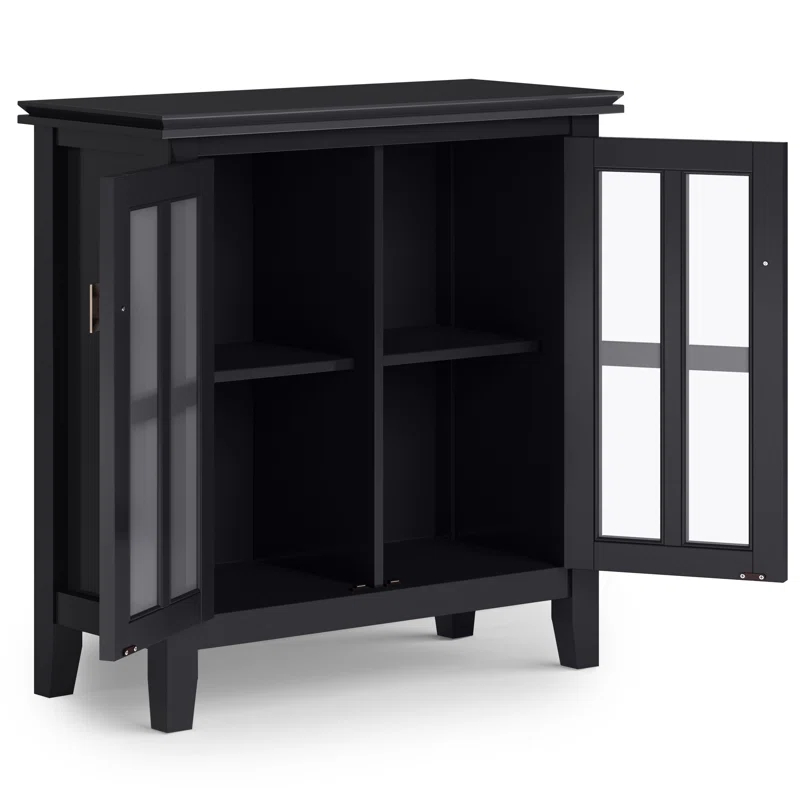 Simpli Home Artisan 30"W Solid Wood 2-Shelf Low Storage Cabinet with Glass Doors and Adjustable Shelves