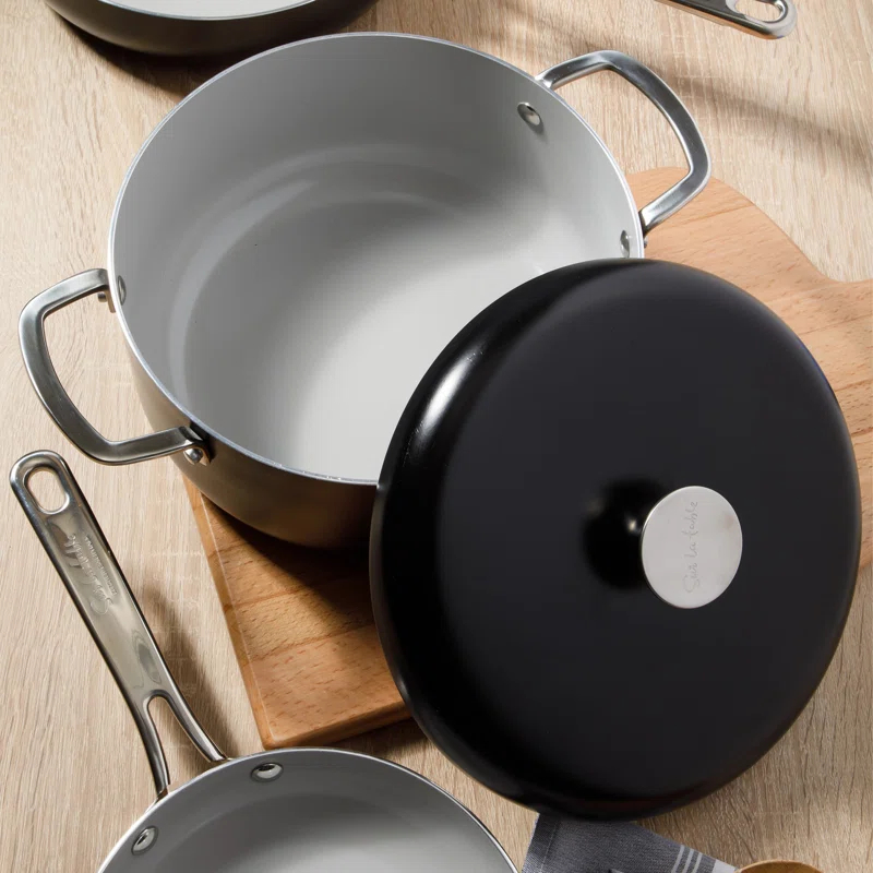 Sur La Table Kitchen Essentials Sur La Table Kitchen Essentials Potluck Porch Aluminum Dutch Oven Pot With Aluminum Lid PFA FREE Ceramic Interior Cookware Pot - Induction - Black