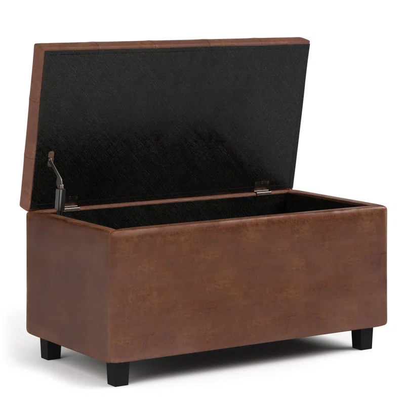 Simpli Home Cosmopolitan 34"W Upholstered Storage Ottoman with Tufted Design and Large Interior Storage