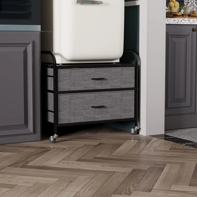 Hokku Designs 2 Drawer Dresser, 120LBS Fabric Storage Tower, 2 Drawer Storage Cart, Mini Fridge Stand With Storage, Metal Frame Iron Top