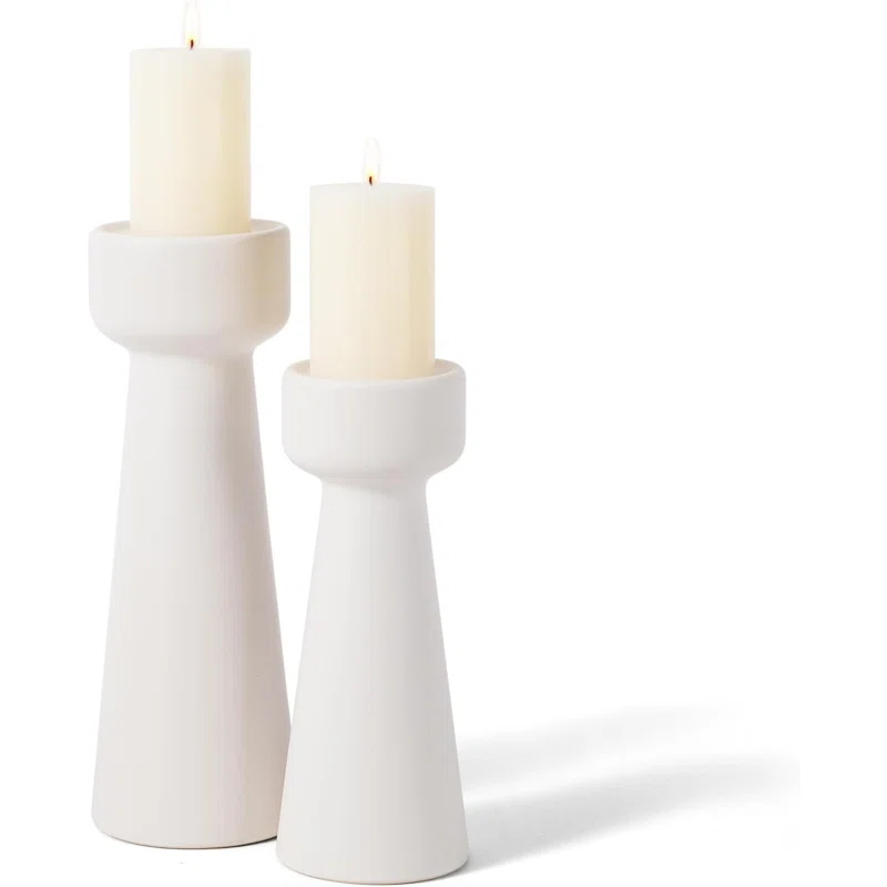 Hokku Designs Candle Holders Ceramic White Taper S&L Set Of 2 Matte Stylish Decorative Candlestick Holders