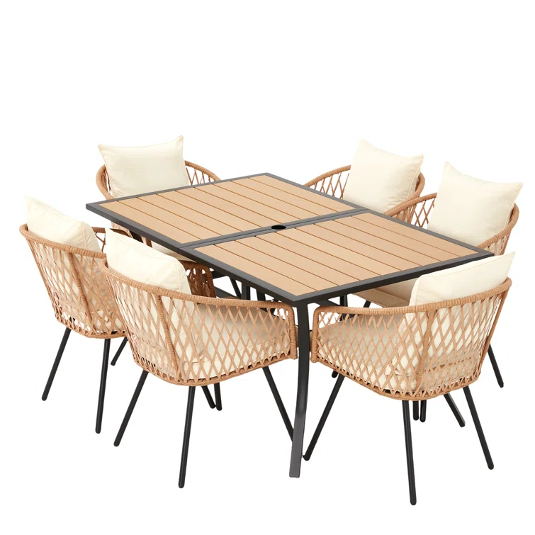 EROMMY 7 Piece Outdoor Dining Table Set, Patio Table And Chairs Set With 6 Rattan Chairs, Rectangular Table With Umbrella Hole, All-weather Patio Furniture For Backyard, Lawn, Garden