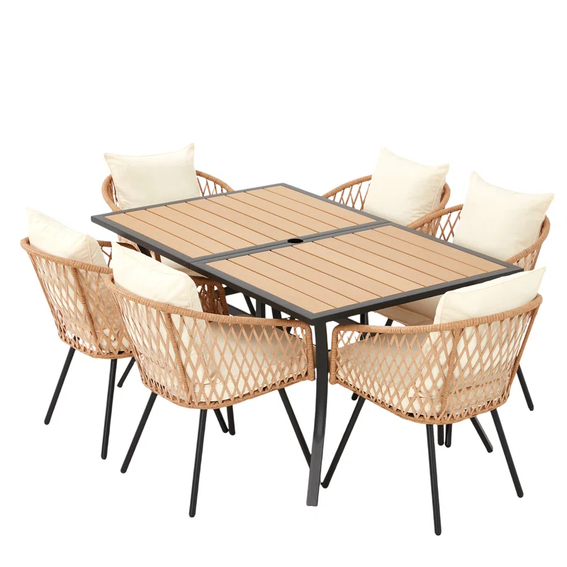 EROMMY 7 Piece Outdoor Dining Table Set, Patio Table And Chairs Set With 6 Rattan Chairs, Rectangular Table With Umbrella Hole, All-weather Patio Furniture For Backyard, Lawn, Garden