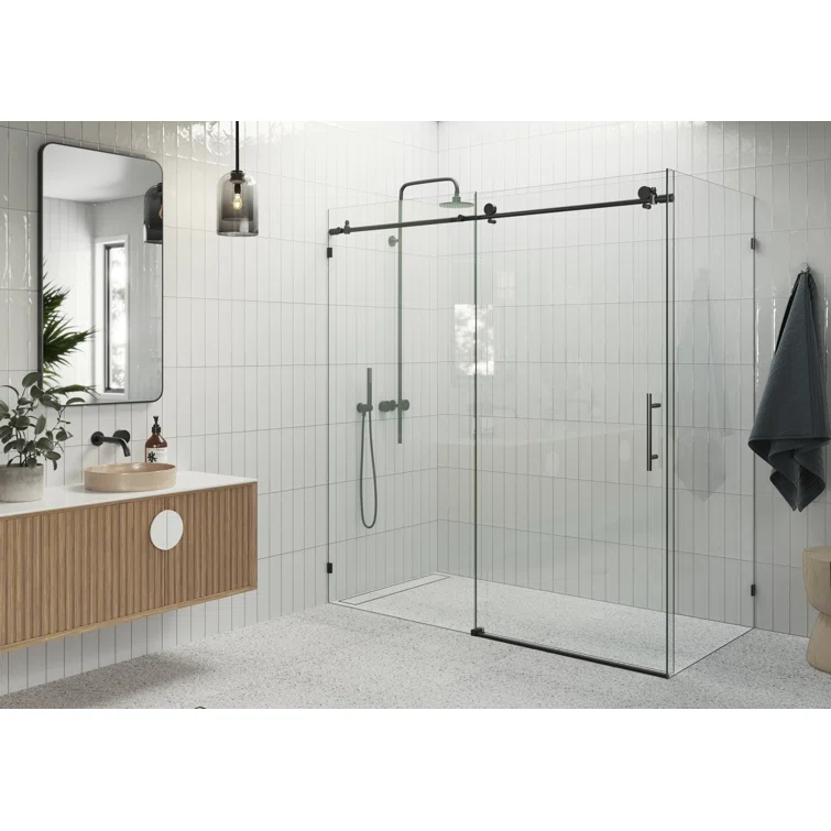 Glass Warehouse Nova 72 in. x 30 in. x 78 in. 90-degree Fully Frameless Sliding Glass Shower Enclosure 90SL-72-30-MB
