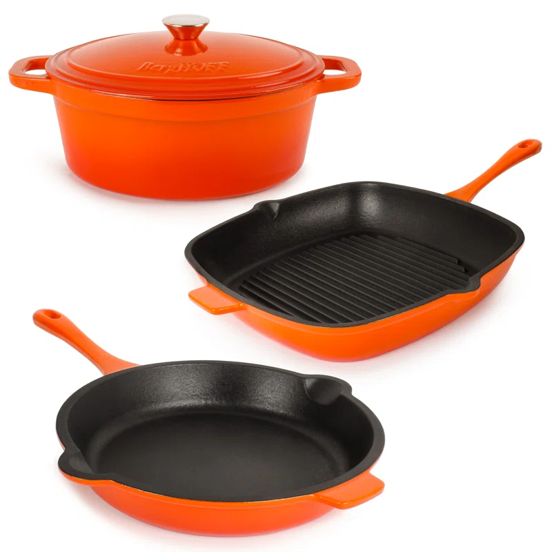 BergHOFF BergHOFF Neo 4 Pc Cast Iron Cookware Set with Fry Pan, Grill Pan, and 5Qt. Covered Dutch Oven
