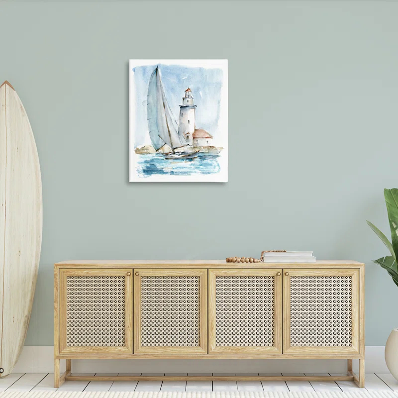 Stupell Industries Au-416-Canvas " Nautical Sailboat & Lighthouse " by Ethan Harper Painting Print