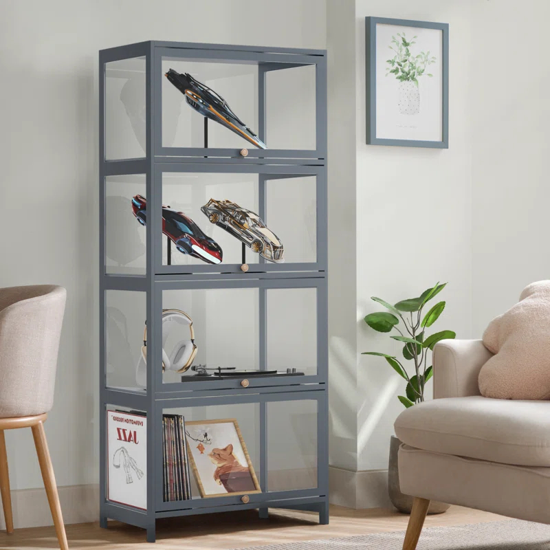 Magshion Modern 55" 4-Tier Transparent Display Cabinet Floor Standing Showcase With Flip-Up Door, Ideal For Living Room, Bedroom, Or Office Curio Collection