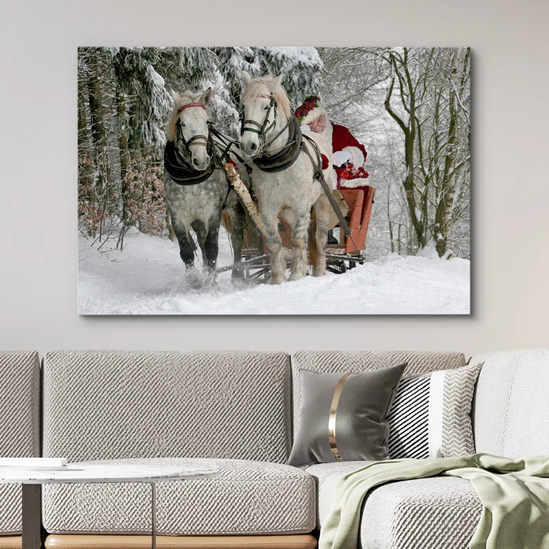 IDEA4WALL Christmas Holiday Celebration Winter Snow Forest Signs Santa Claus Riding Horses Pictures Canvas Print Large Wall Art