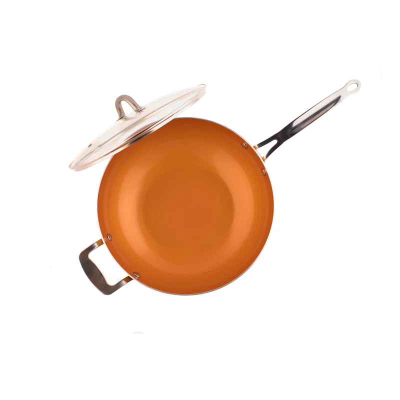Master Pan Masterpan Chef's Wok & Glass Lid, Copper Color Ceramic Non-Stick Coating, 12"
