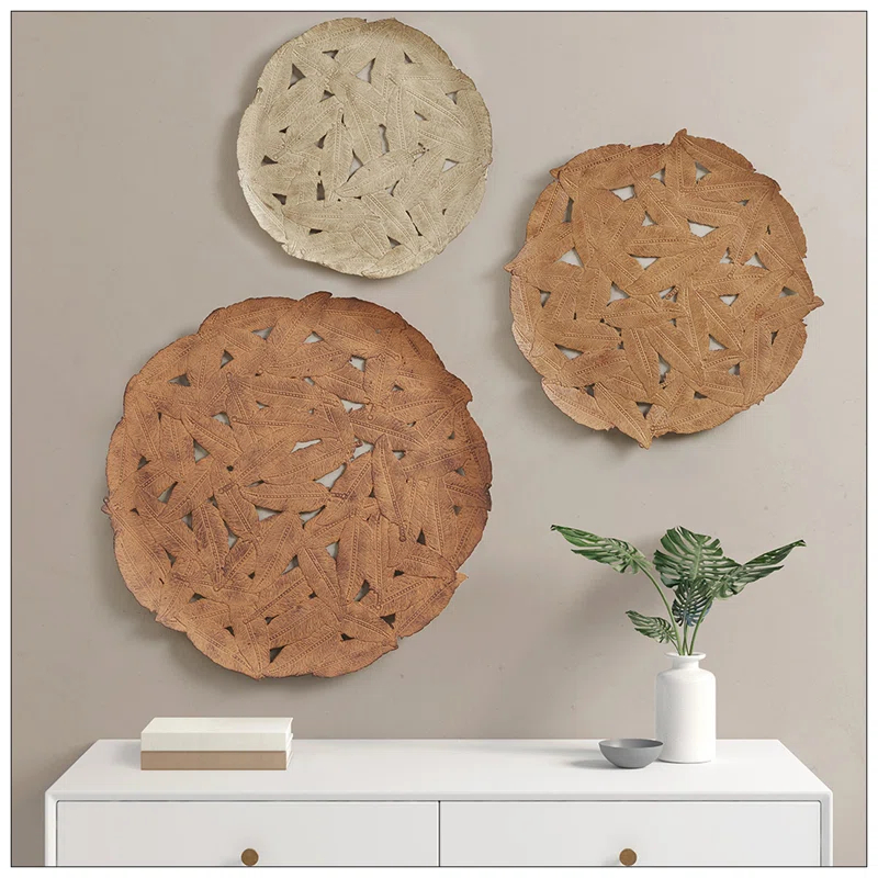 Latitude Run® Textured Feather 3-Piece Metal Disc Wall Decor Set
