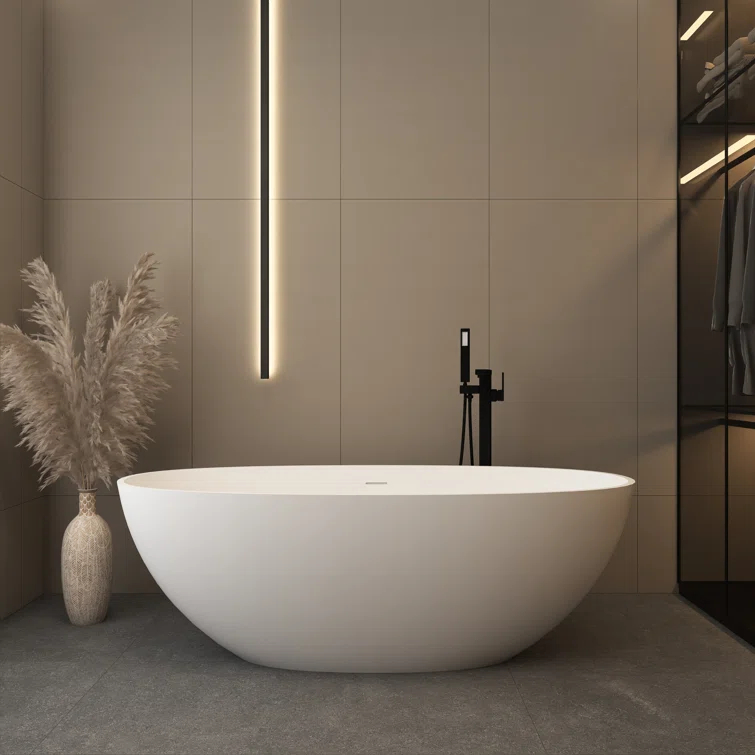 TCYO 65 in. x 30 in. Solid Surface Freestanding Soaking Bathtub with Center Drain in Matte White TYMYBT11-65MW