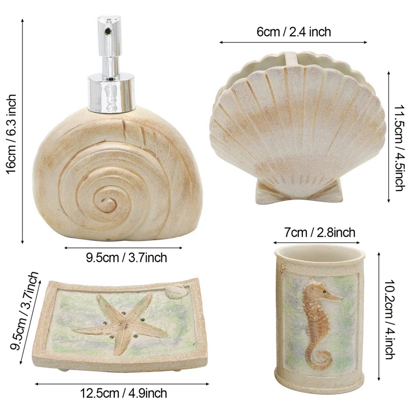 Rosecliff Heights Set, 5 PCS Beach Seashells Ensemble Set Includs Soap Dispenser, Soap Dish, Tumbler, Toothbrush Holder - Ivory Polyresin Set For Home, Office, Superior Hotel | Wayfair