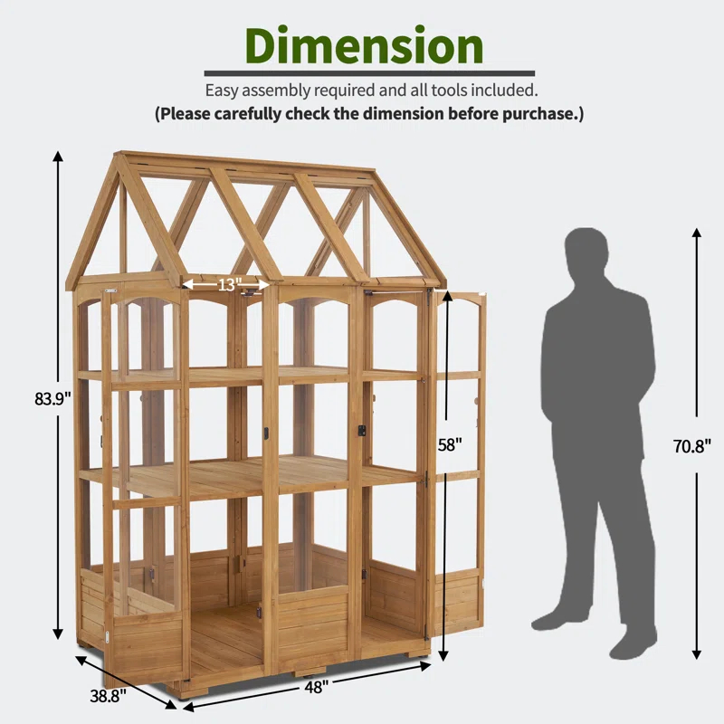 4' W x 3.23' D Wooden Greenhouse，Outdoor Greenhouse with Adjustable Roof Vent and 8 Lockable Door