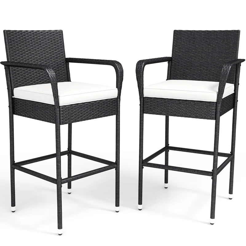 Winston Porter Winston Porter Set Of 2 Patio Wicker Counter Stools Outdoor Bar Height Chairs With Soft Cushions