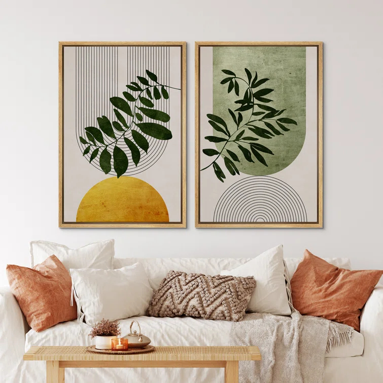 IDEA4WALL Mid Century Modern Boho Green Yellow Bright Plant Art Framed Canvas 2 Pieces Print  Wall Art Set