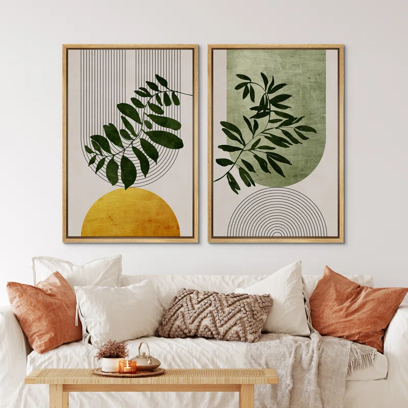 Mid Century Modern Boho Green Yellow Bright Plant Art Framed Canvas 2 Pieces Print  Wall Art Set