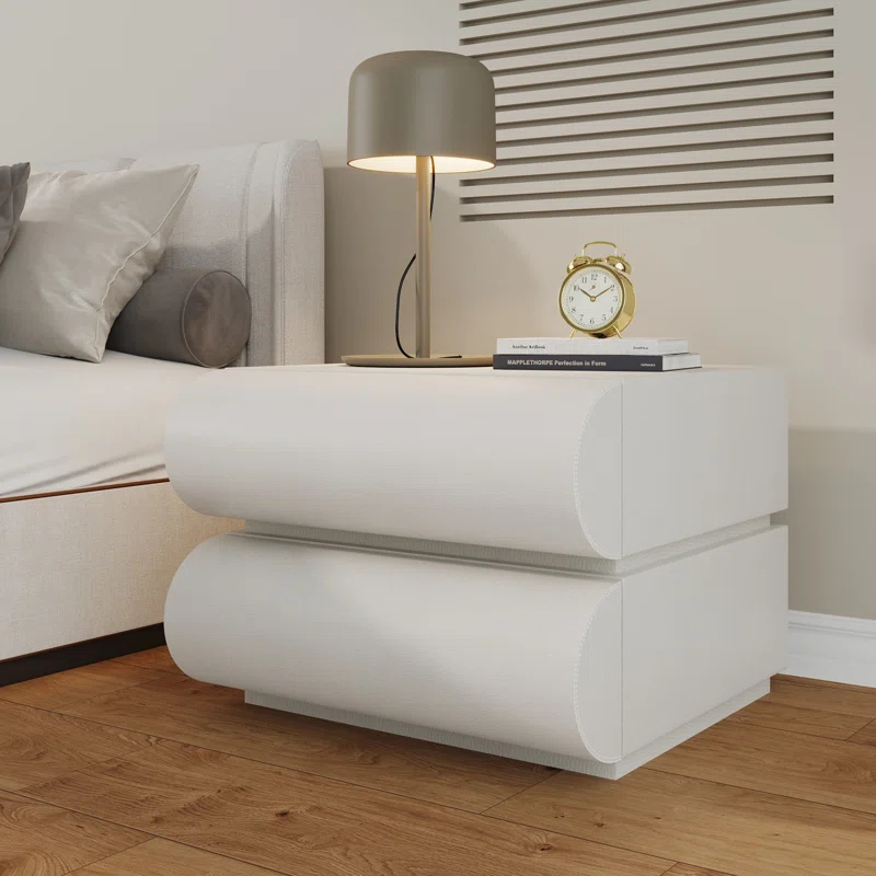 Wrought Studio™ Hasya White Nightstand with 2 Solid Wood Drawers, Leather Bedside Table for Bedroom, No Assembly Required