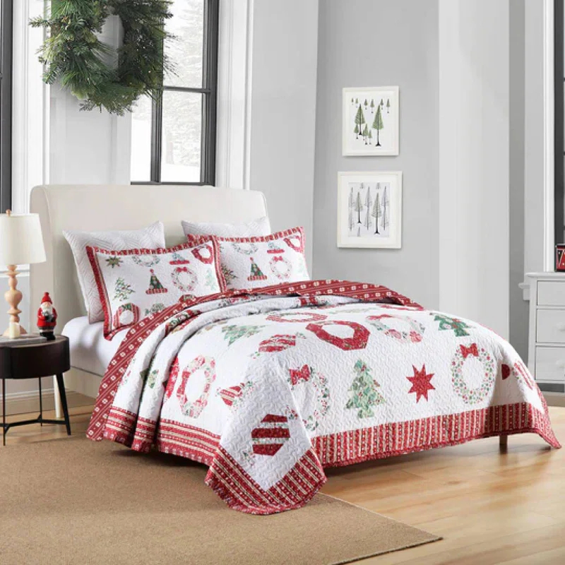 MarCielo 3 Pcs Christmas Quilt Bedspread Set Candy Red BY205