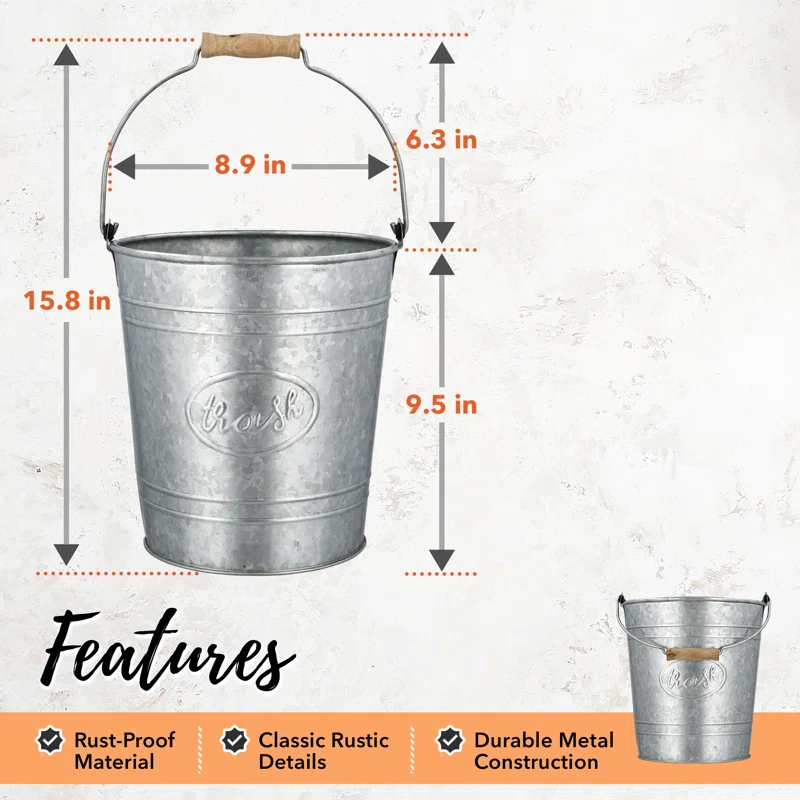 Autumn Alley Rustic Galvanized Trash Can Waste Basket 2 Gallon