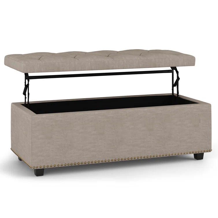 Simpli Home Hamilton 44"W Upholstered Lift-Top Storage Ottoman with Nailhead Trim and Tufted Detailing