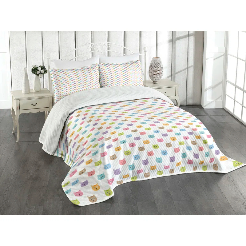 Ambesonne Ambesonne Cat Bedspread Set Colorful Faces Multicolor