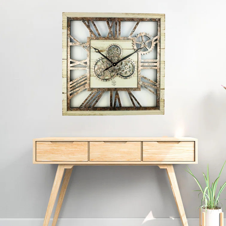 The Gears Clock Wall Clock 24" Square Oversized for Living Room decor with Real Moving Gears America Collection